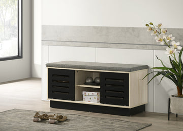 Brett 38.5"W Oak Finish Shoe Cabinet With Sliding Doors, Upholstered Top Oak Engineered Wood