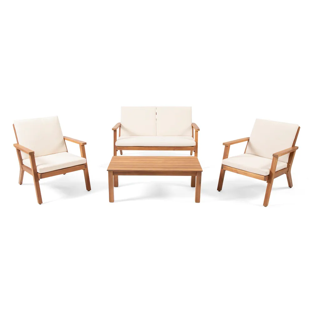 Temecula Outdoor Acacia Wood 4 Seater Chat Set Loveseat&Coffee Table&2 Club Chairs Brown Patina Finish Cream Cushion Yes Complete Patio Set Natural Cream Seats 4 Weather Resistant Frame Water Resistant Cushion Garden & Outdoor Acacia Wood