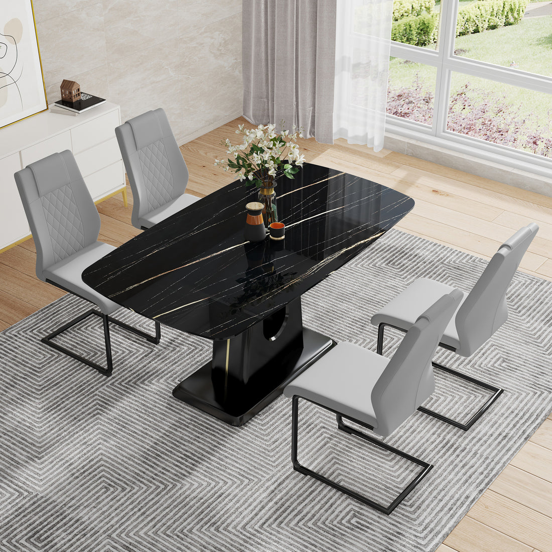 Table And Chair Set, Minimalist Dining Table, Imitation Marble Patterned Glass Tabletop, Mdf Legs With U Shaped Brackets. Paired With Comfortable Chairs, Suitable For Dining And Living Rooms. Black Mdf Glass