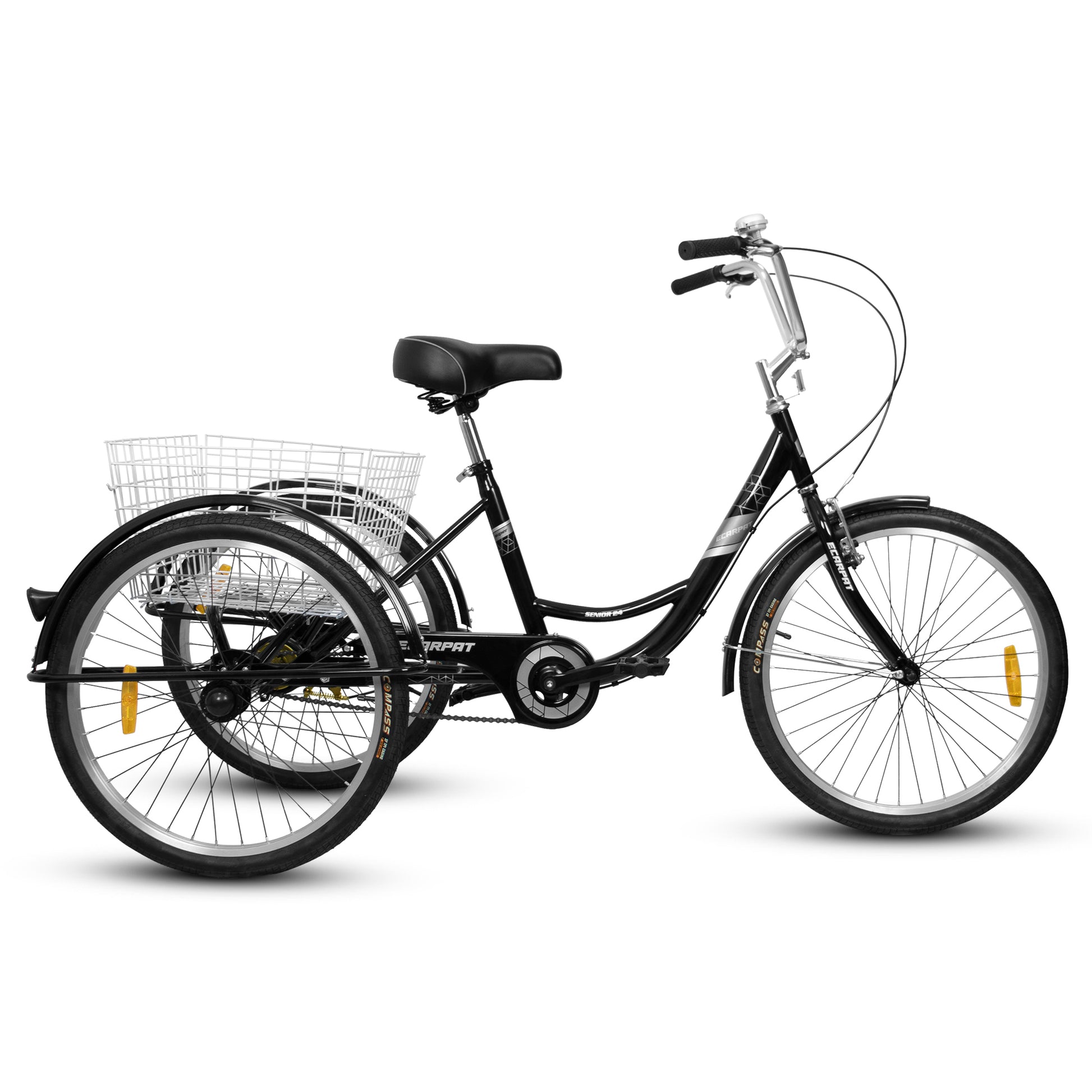 A24631 Adult Tricycles, 1 Speed Adult Trikes 24 Inch 3 Wheel Bikes, Three Wheeled Bicycles Cruise Trike With Shopping Basket For Seniors, Women, Men Black Carbon Steel