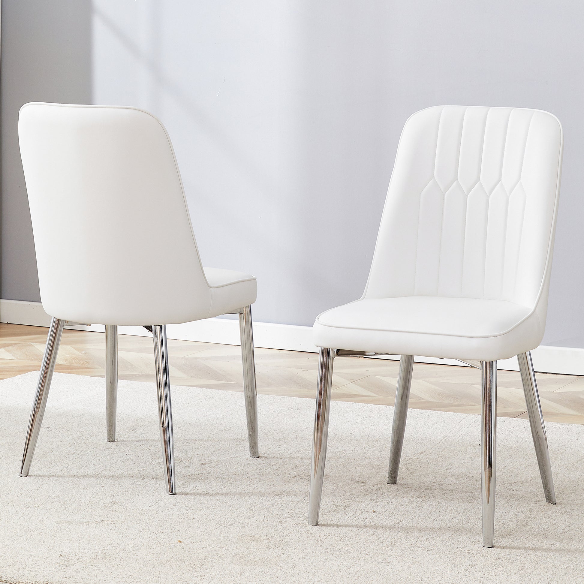 2 Modern Dining Chairs, Smooth Pu Leather Backrest And Silver Toned Metal Legs For A Comfortable Home Experience For Kitchens, Bedrooms And Offices. White Pu