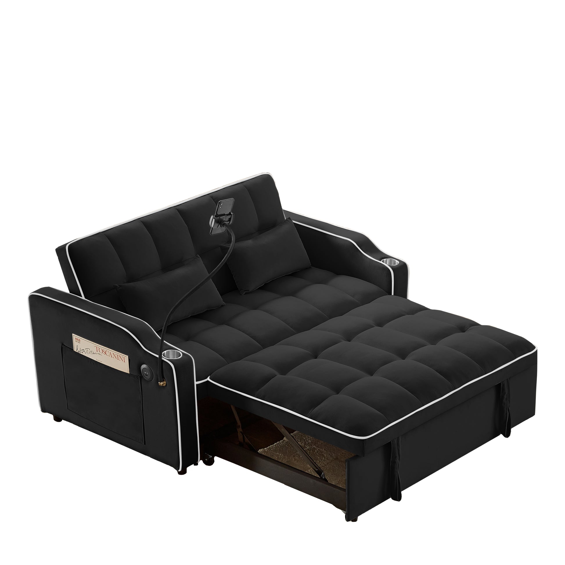 1 Versatile Foldable Sofa Bed In 3 Lengths, Modern Sofa Sofa Sofa Velvet Pull Out Bed, Adjustable Back And With Usb Port And Ashtray And Swivel Phone Stand Black Black Eucalyptus Solid Wood Mdf Resin 2 Seat