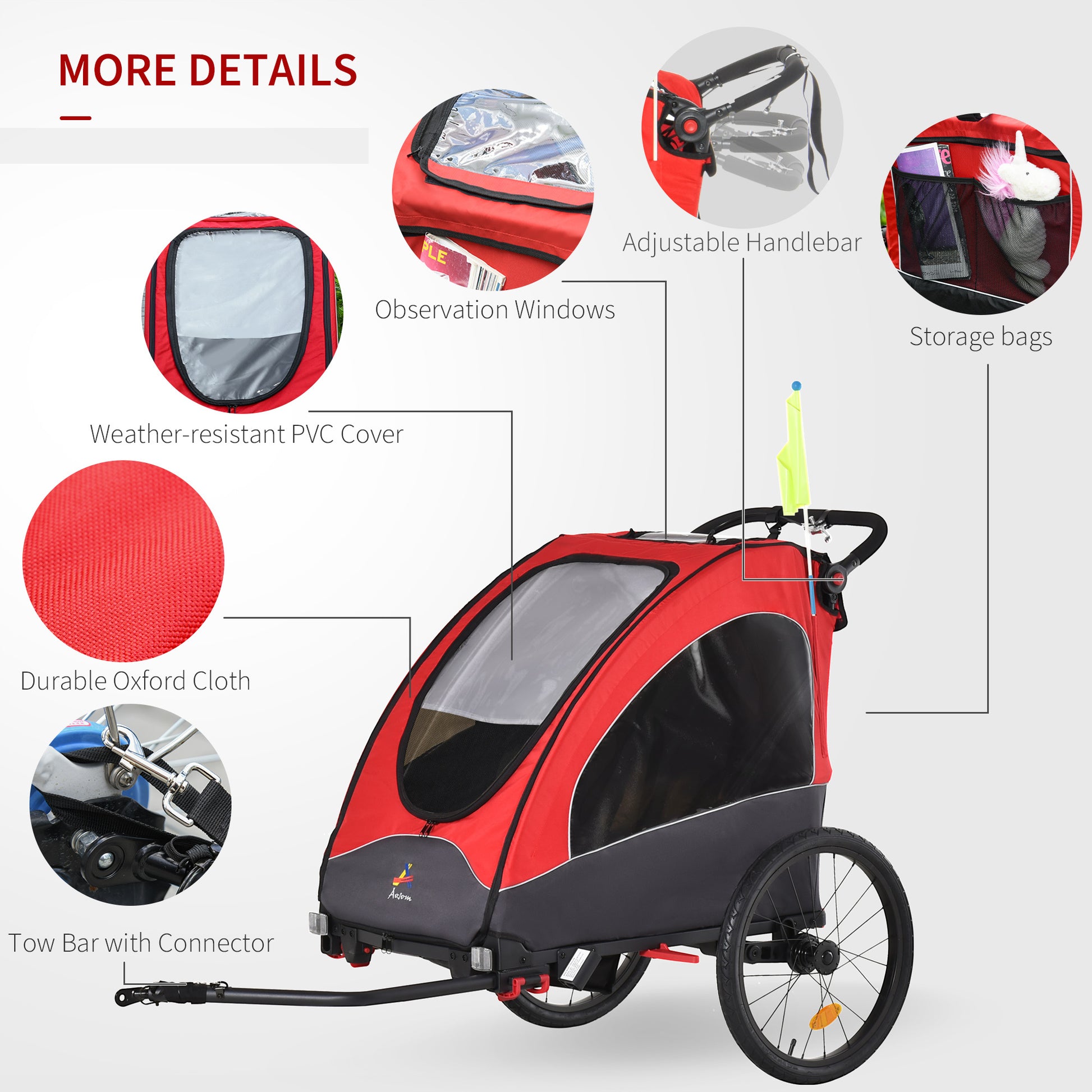 Aosom Bike Trailer For Kids 3 In1 Foldable Child Jogger Stroller Baby Stroller Transport Carrier With Shock Absorber System Rubber Tires Adjustable Handlebar Kid Bicycle Trailer Red And Grey Red Aluminum