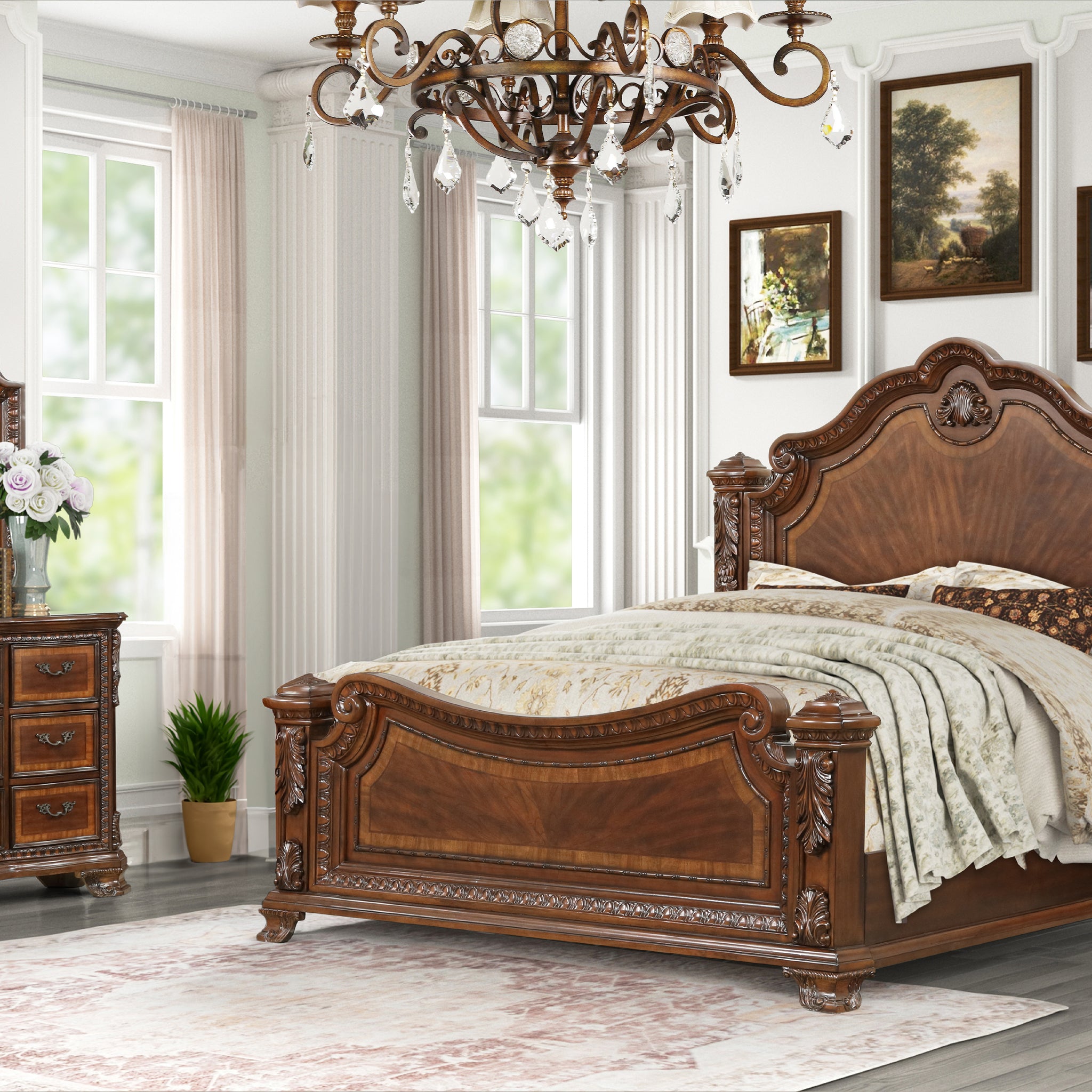 Traditional Style 4 Pc Queen Bedroom Set With Intricate Wood Carvings Made With Wood In Walnut Box Spring Required Queen Walnut Wood 4 Piece Set Bedroom Bed Included,Dresser Included,Mirror Included,Nightstand Included Traditional Solid Wood Mdf Wood