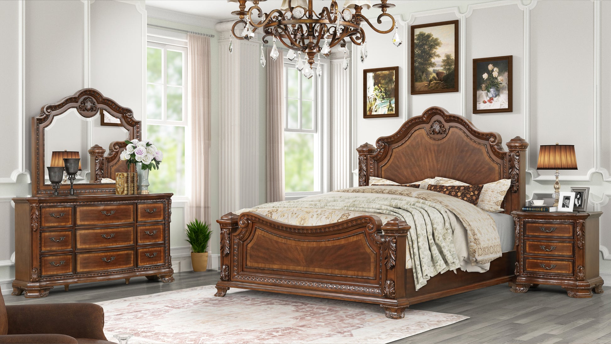 Traditional Style 4 Pc Queen Bedroom Set With Intricate Wood Carvings Made With Wood In Walnut Box Spring Required Queen Walnut Wood 4 Piece Set Bedroom Bed Included,Dresser Included,Mirror Included,Nightstand Included Traditional Solid Wood Mdf Wood