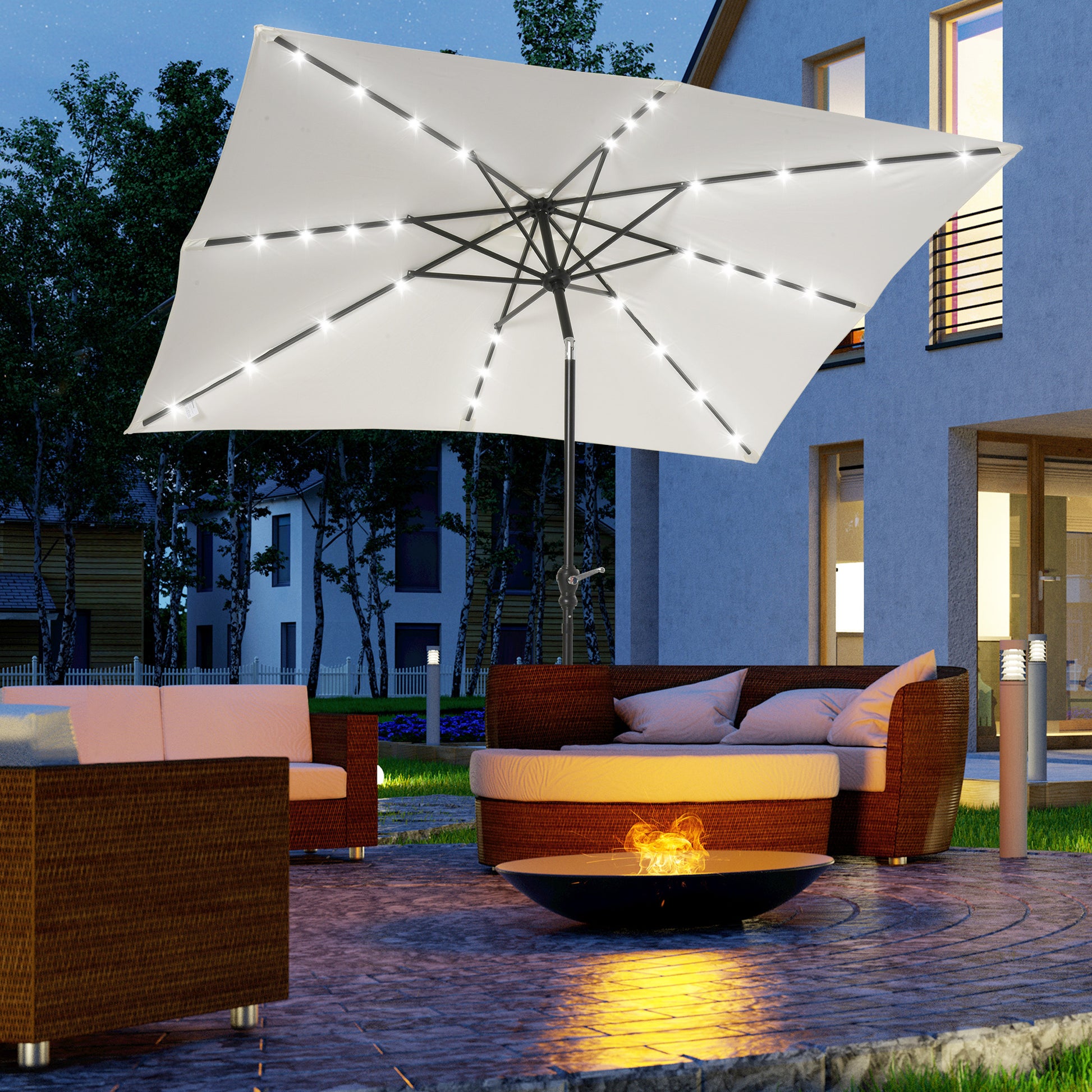 Outsunny 9' X 7' Solar Umbrella, Led Lighted Patio Umbrella For Table Or Base With Tilt & Crank, Outdoor Umbrella For Garden, Deck, Backyard, Pool, Beach, White White Steel