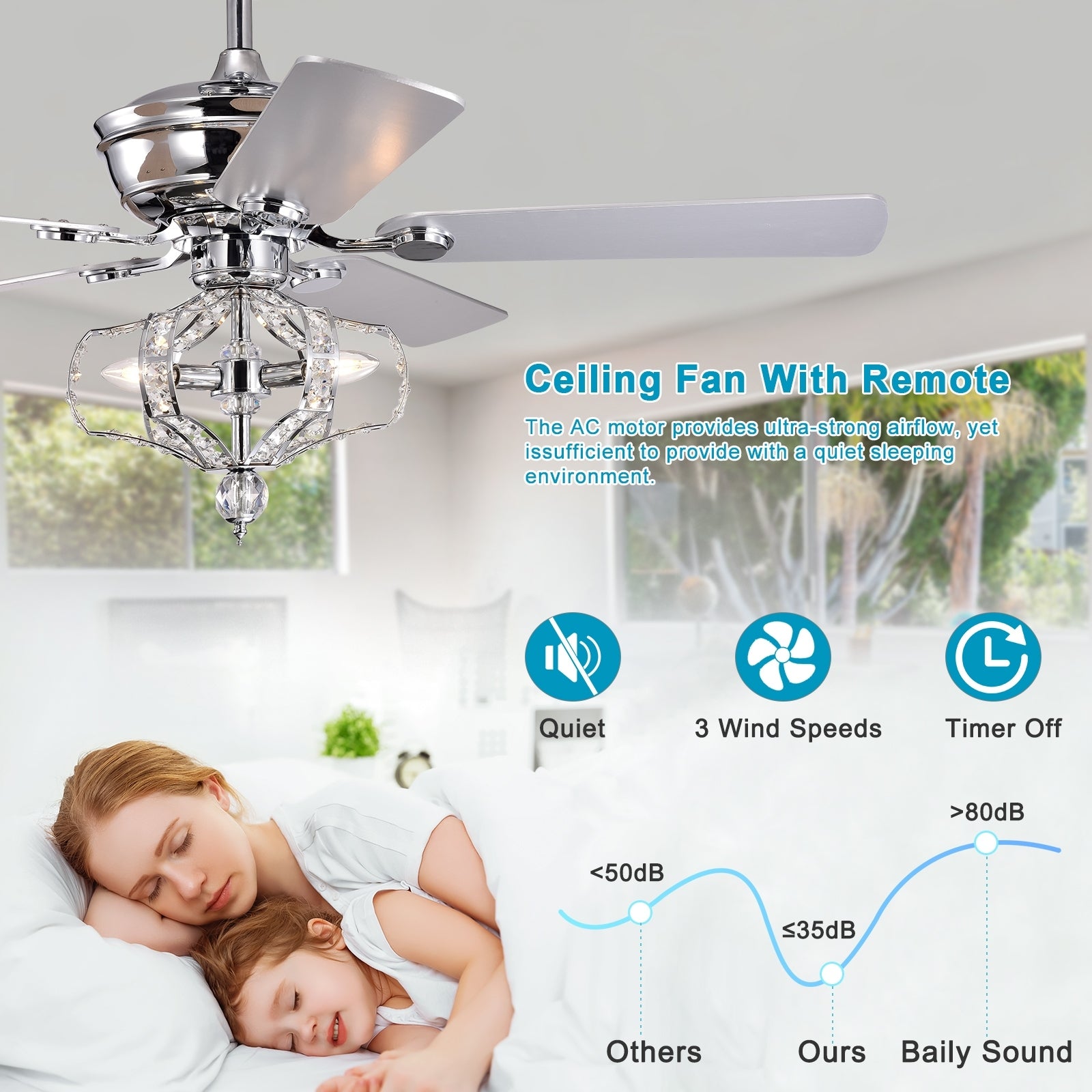 Crystal Ceiling Fan With Lights Fandelier Chandelier Reversible Blades 3 Wind Speeds Remote Control For Bedroom Living Dining Room Chrome 52 Inch Chrome American Design,American Traditional,Retro,Traditional,Vintage Crystal Iron