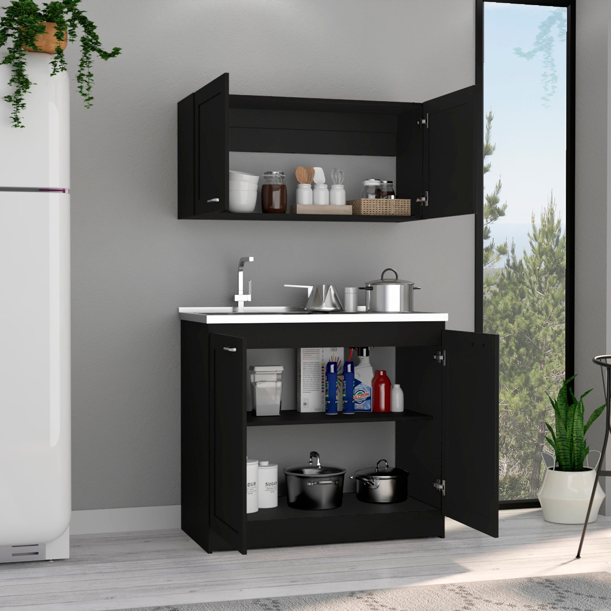 Zurich Cabinet Set, Two Shelves Black Black Particle Board