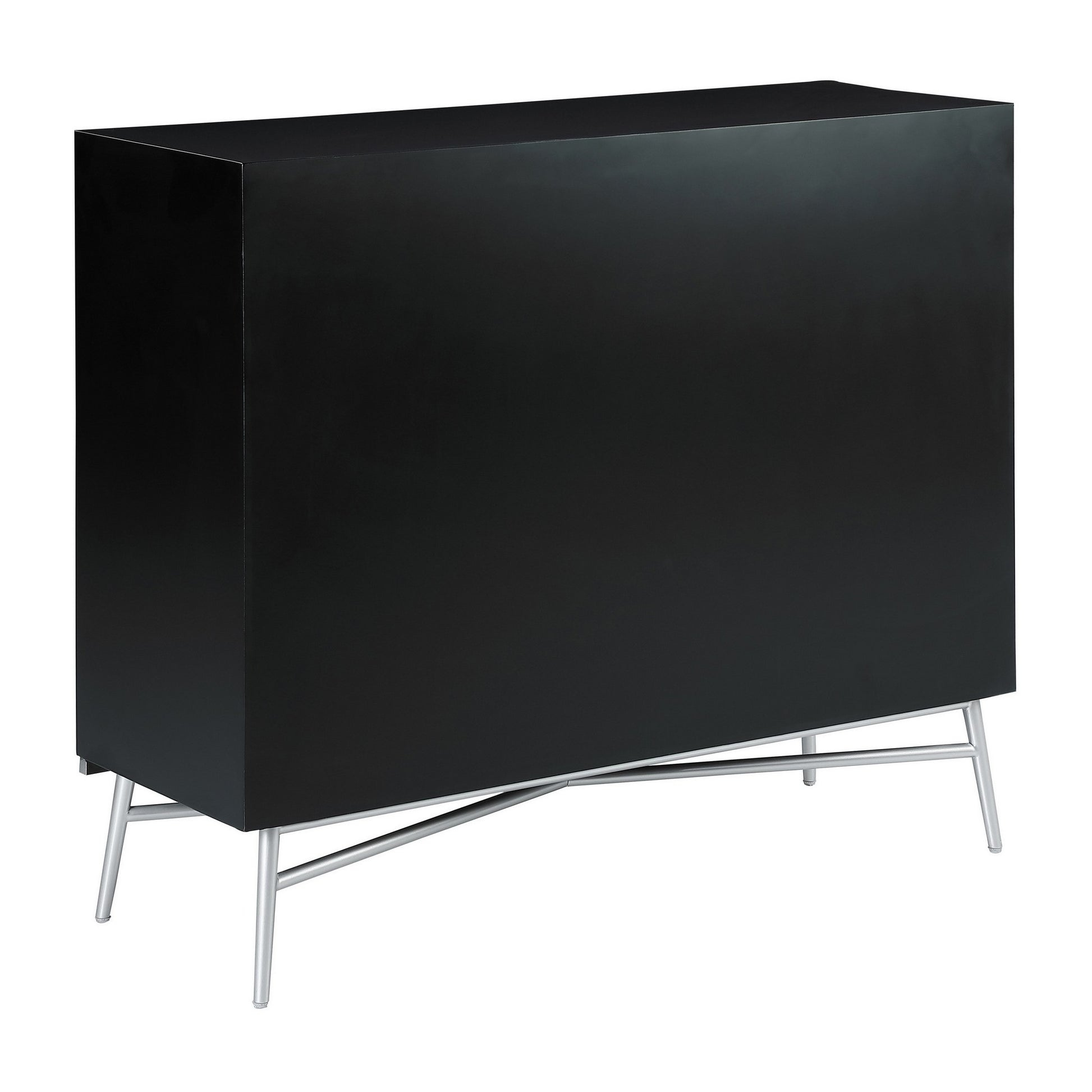 44 Inch 2 Door Accent Cabinet Console, Steel Legs, Silver Medallion, Black Black And Silver Metal