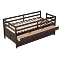 Low Loft Bed Twin Size With Full Safety Fence, Climbing Ladder, Storage Drawers And Trundle Espresso Solid Wood Bed Espresso Solid Wood