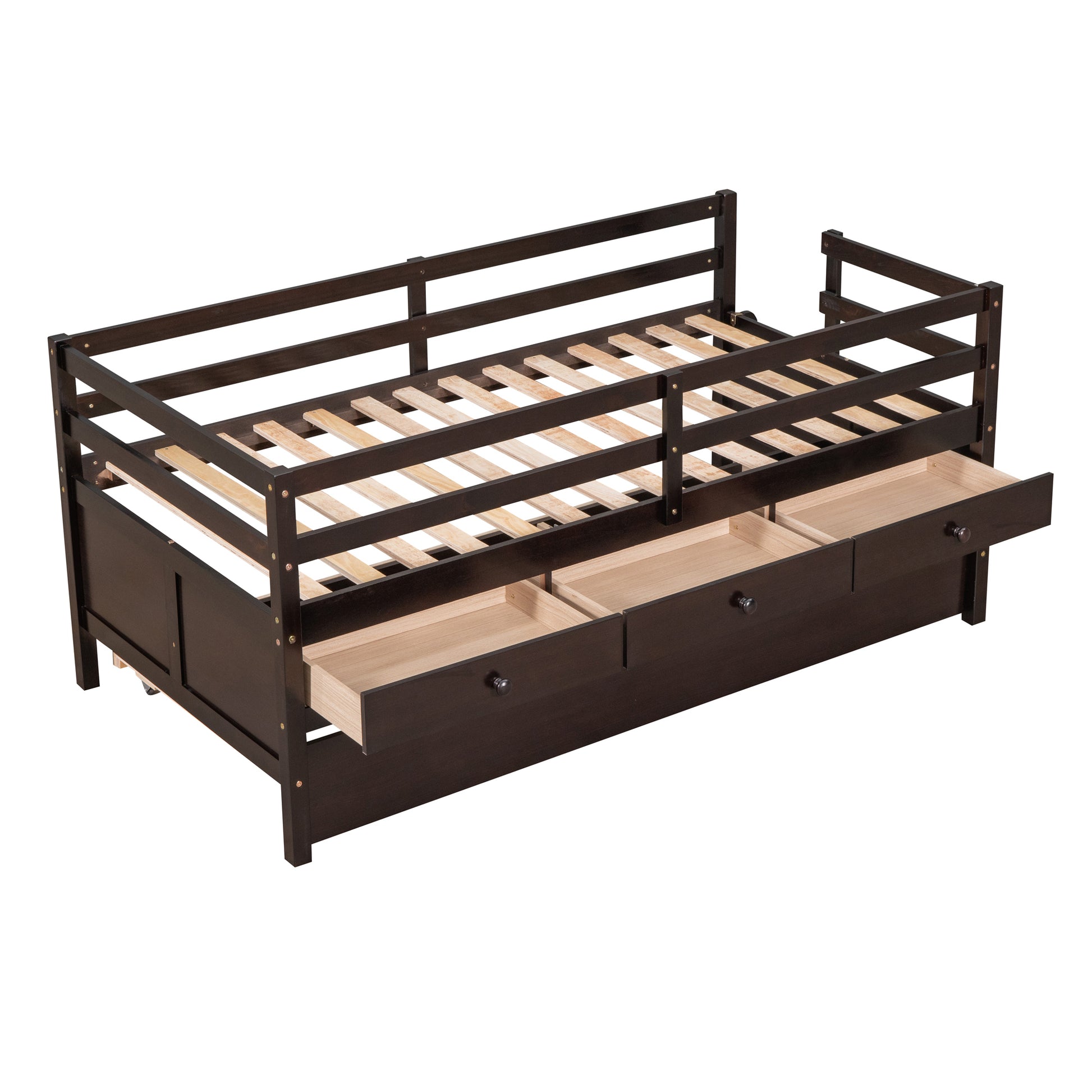 Low Loft Bed Twin Size With Full Safety Fence, Climbing Ladder, Storage Drawers And Trundle Espresso Solid Wood Bed Espresso Solid Wood