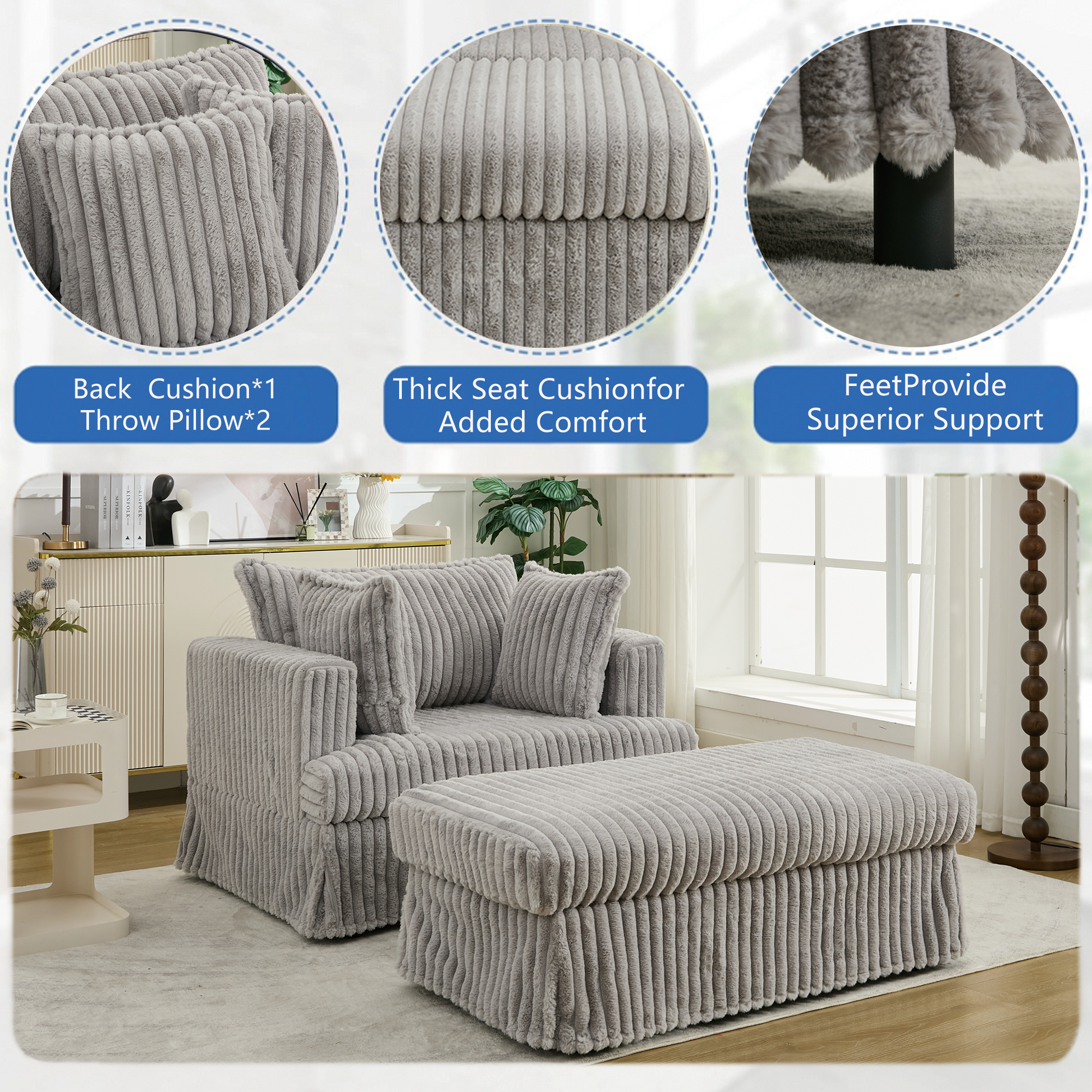 Arrived 47.7'' Oversized Corduroy Chaise Longue With Ottoman, Deep Seat Reclining Chair Sofa, Comfy Thicked Upholstered Pad Chair ,With Foot Stool ,Oversize, Movable Ottoman,Light Gray Light Gray