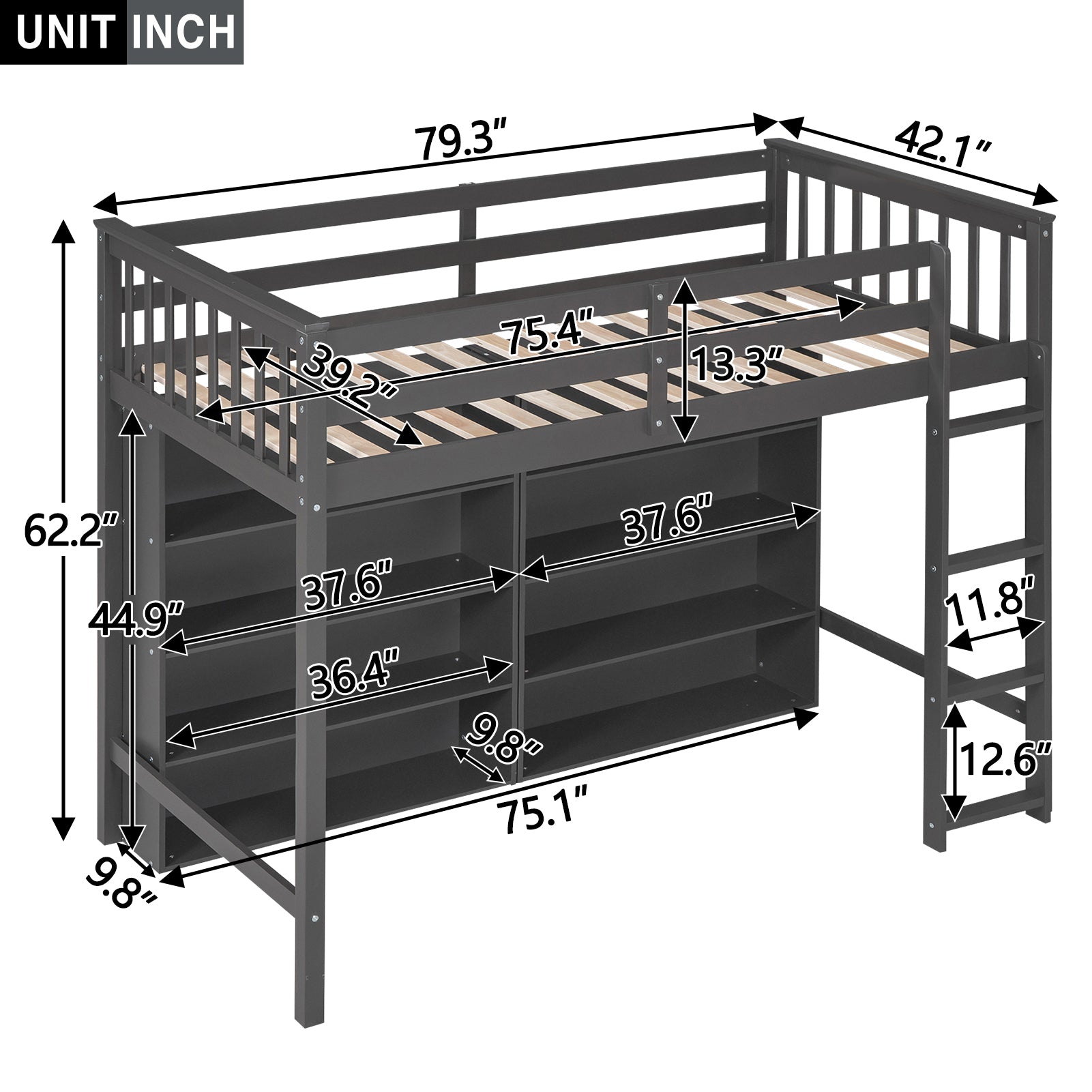 Twin Size Loft Bed With 8 Open Storage Shelves And Built In Ladder, Gary Gray Solid Wood Mdf