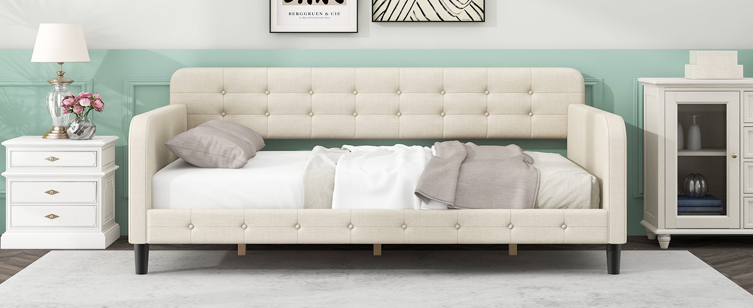 Twin Size Upholstered Tufted Daybed With 4 Support Legs, Beige Box Spring Not Required Twin Beige Wood Bedroom Daybeds Linen Upholstered