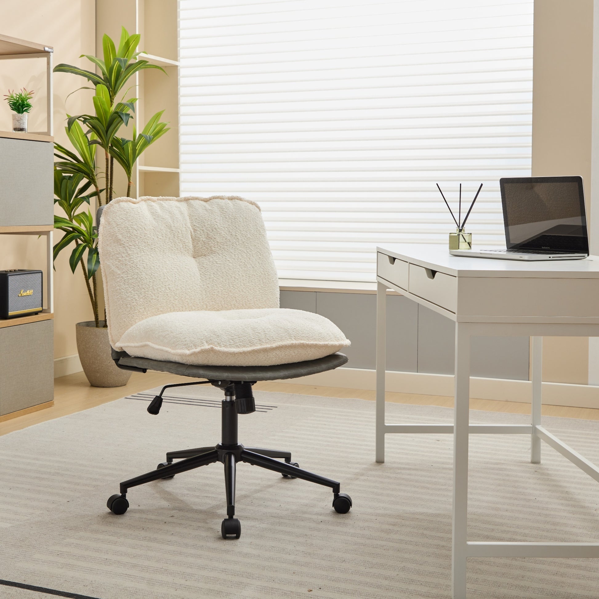 Oversize Seat Cirss Cross Chair With Wheels, Elegant Design Computer Chair, Adjustable Height 360 Rolling Swivel Home Office Chair For Small Space, Dressing Room, Living Room Gray White Dark Gray White Primary Living Space Casual Foam Pu Leather