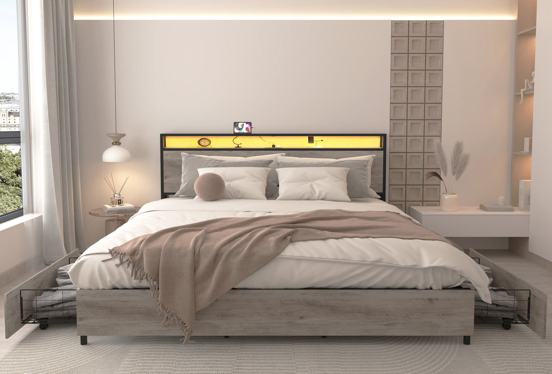 King Bed Frame, Storage Headboard With Charging Station, Solid And Stable, Noise Free, No Box Spring Needed, Easy Assembly Box Spring Not Required King Antique Gray Metal Bedroom Bed Frame Mdf Metal