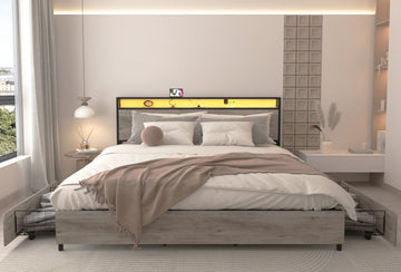 King Bed Frame, Storage Headboard With Charging Station, Solid And Stable, Noise Free, No Box Spring Needed, Easy Assembly Box Spring Not Required King Antique Gray Metal Bedroom Bed Frame Mdf Metal