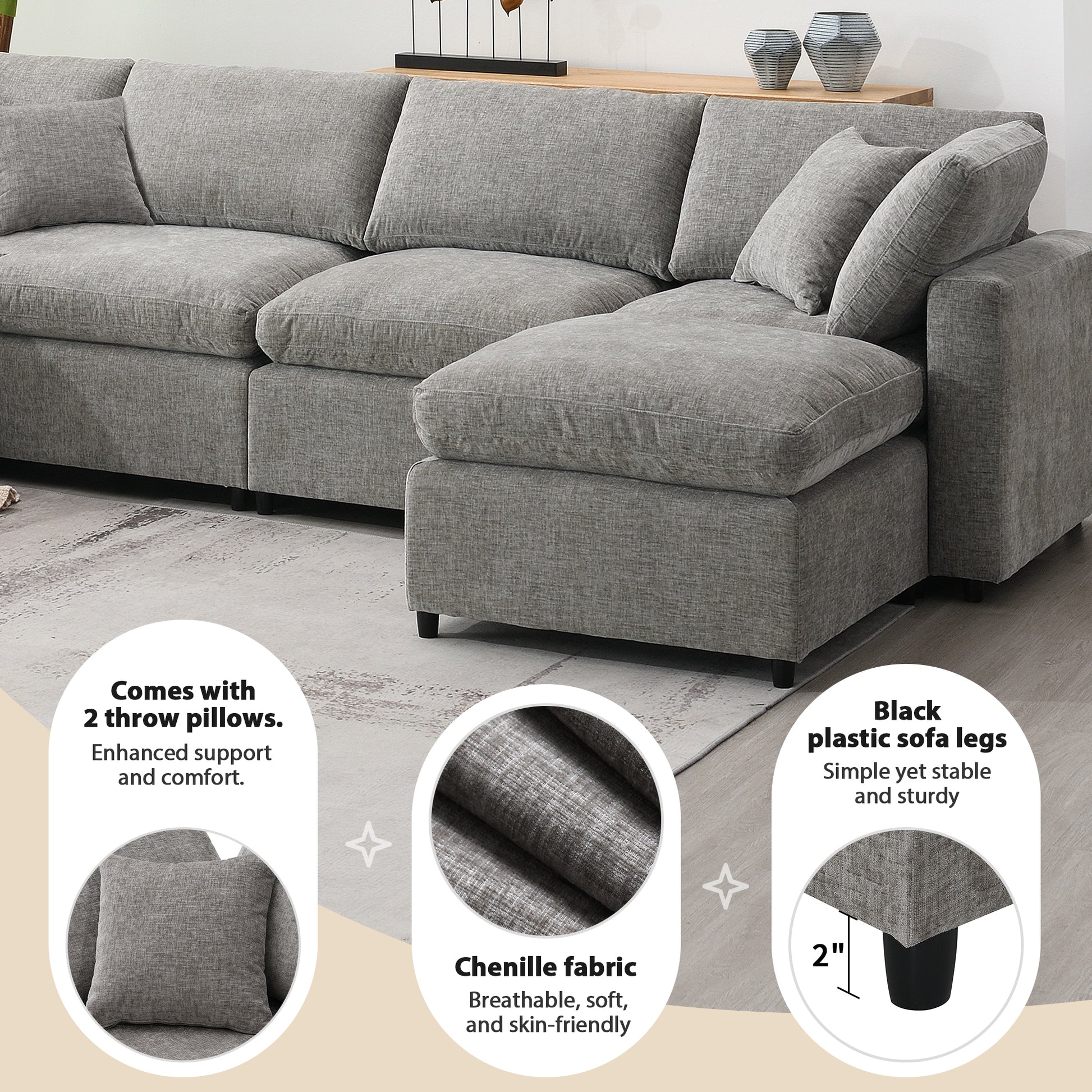 130*65" Modern Modular Cloud Sofa Bed, 6 Seat Chenille Sectional Couch Set With Ottoman,Free Combination,Convertible U Shaped Sleeper Sofa For Living Room, Apartment, 3 Colors Gray Chenille 6 Seat