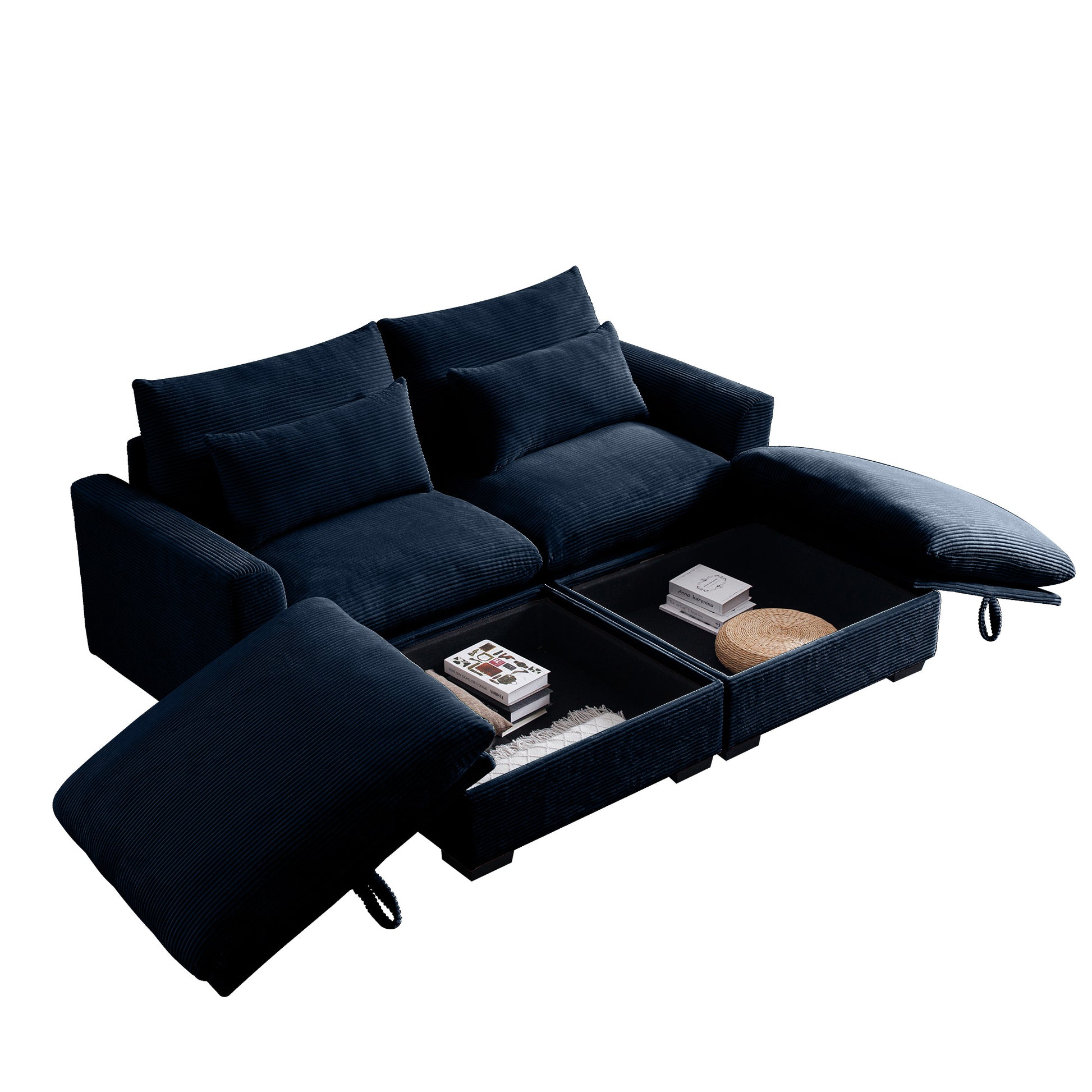 Corduroy Two Seater Sofa With 2 Storage Footrest, 2 Seater Sectional Deep Seat Sofa,Comfy Couches For Living Room ,Bule Sofa Blue Corduroy 2 Seat