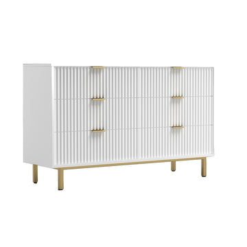 Beth 56 Inch 6 Drawer Dresser, Corrugated Panels, White Mahogany Wood, Gold White Gold Wood