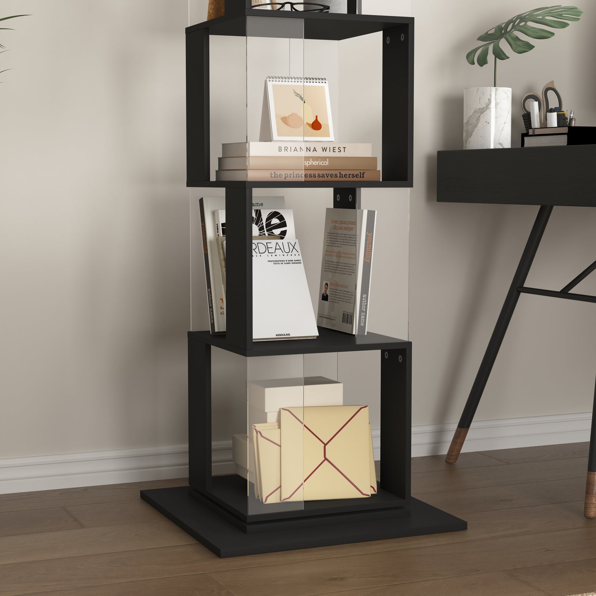 6 Tier Rotating Bookshelf, Floor Rack Simple Bookcase With Acrylic Plate Student Multi Function Creative Bookshelf For Living Room With Anti Toppling Base Black Particle Board