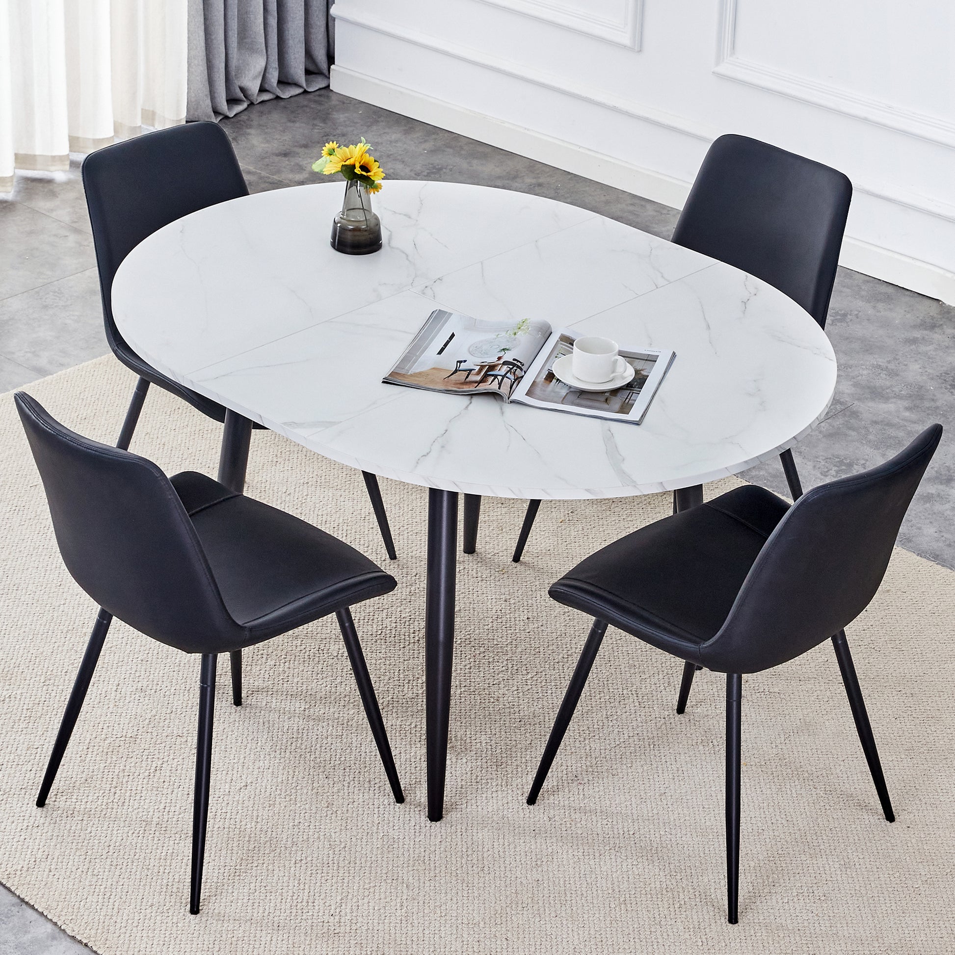 Table And Chair Set.Modern Extendable Mdf Dining Table.The Table Has A Telescopic Design, Suitable For Gatherings Of Different Size.Paired With 4 Chairs With Pu Cushions And Black Metal Legs. Black,White Seats 4 Mdf Metal