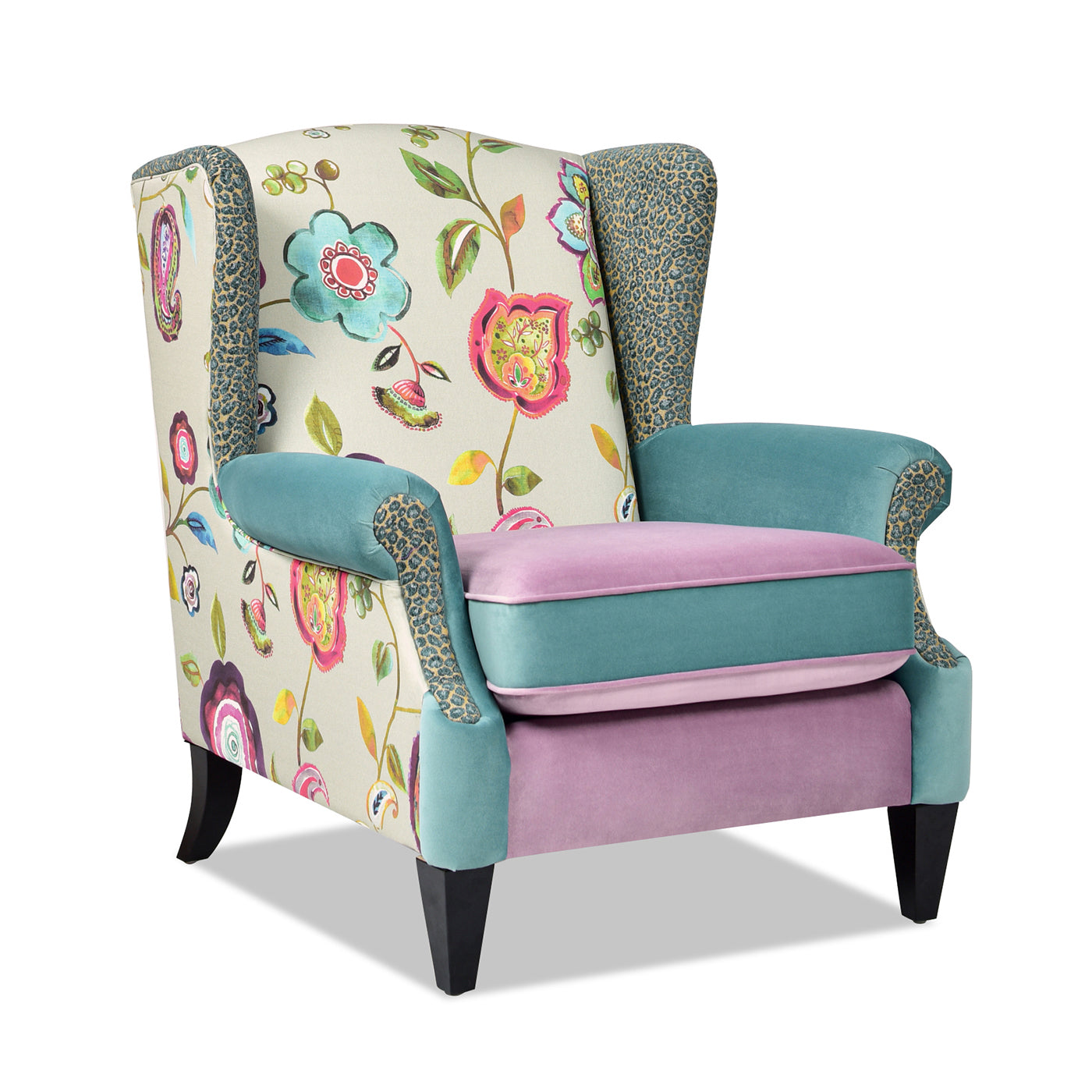 Anya Boho Chic Wingback Accent Arm Chair, Floral & Leopard, Arctic Blue & Lavender Purple Velvet Purple Multi Foam Fabric