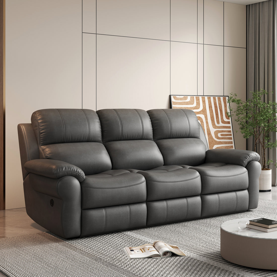 Fabric Power Reclining Sofa With Drop Down Table,Usb Button And Wireless Charger Gray Gray Primary Living Space American Design Foam Faux Leather 3 Seat