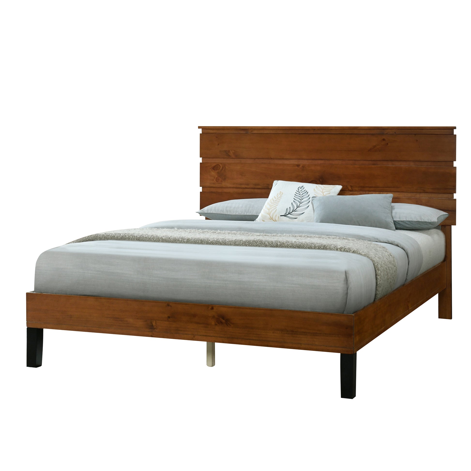 Mid Century Modern Solid Wood Bed Frame Queen Size Platform Bed With Three Piece Headboard Design, No Box Spring Needed, Brown Queen Brown Pine