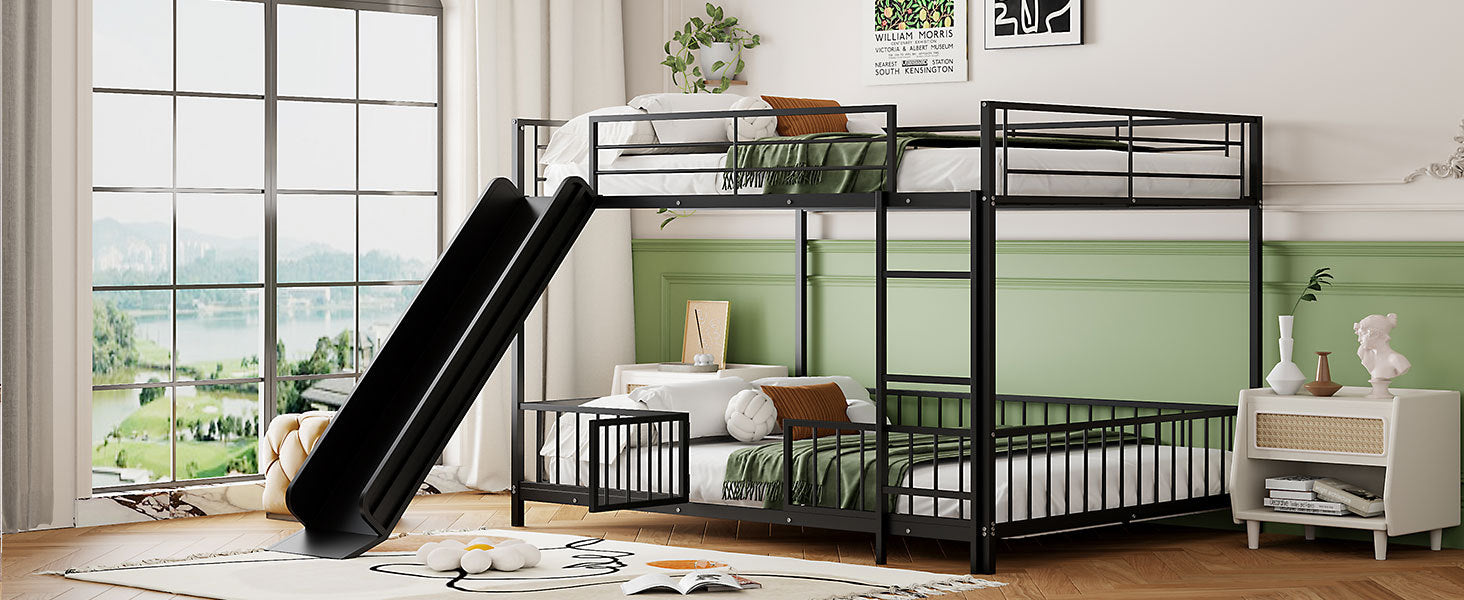 Full Over Full Size Metal Bunk Bed With Slide And Guardrails, Black Full Black Metal