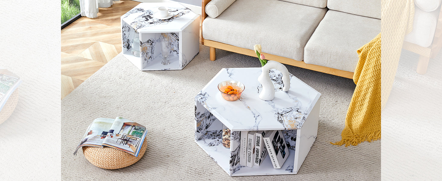 Minimalist White Patterns Hexagonal Coffee Table Set.Hexagonal Mdf Coffee Table, Characteristic Pattern Stickers, Multi Hole Design To Give More Storage Space.Two Coffee Tables Of Different Sizes.