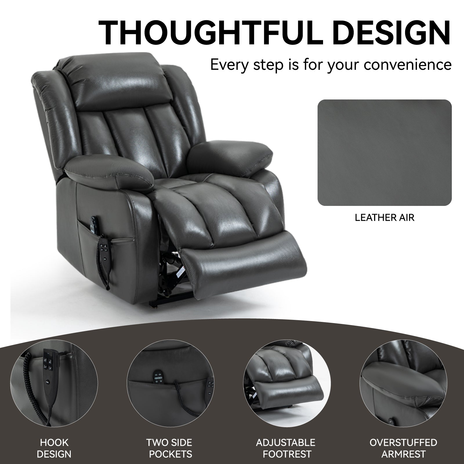 Dual Motor Infinite Position Up To 350 Lbs Electric Medium Size Grey Power Lift Recliner Chair With 8 Point Vibration Massage And Lumbar Heating White Metal Primary Living Space Heavy Duty Pine Antique Gray Faux Leather Power Remote Medium Firm Pillow