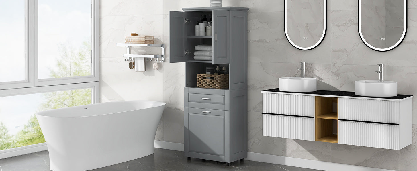 Tall Bathroom Cabinet With Laundry Basket, Large Storage Space Tilt Out Laundry Hamper And Upper Storage Cabinet, Grey Grey Mdf