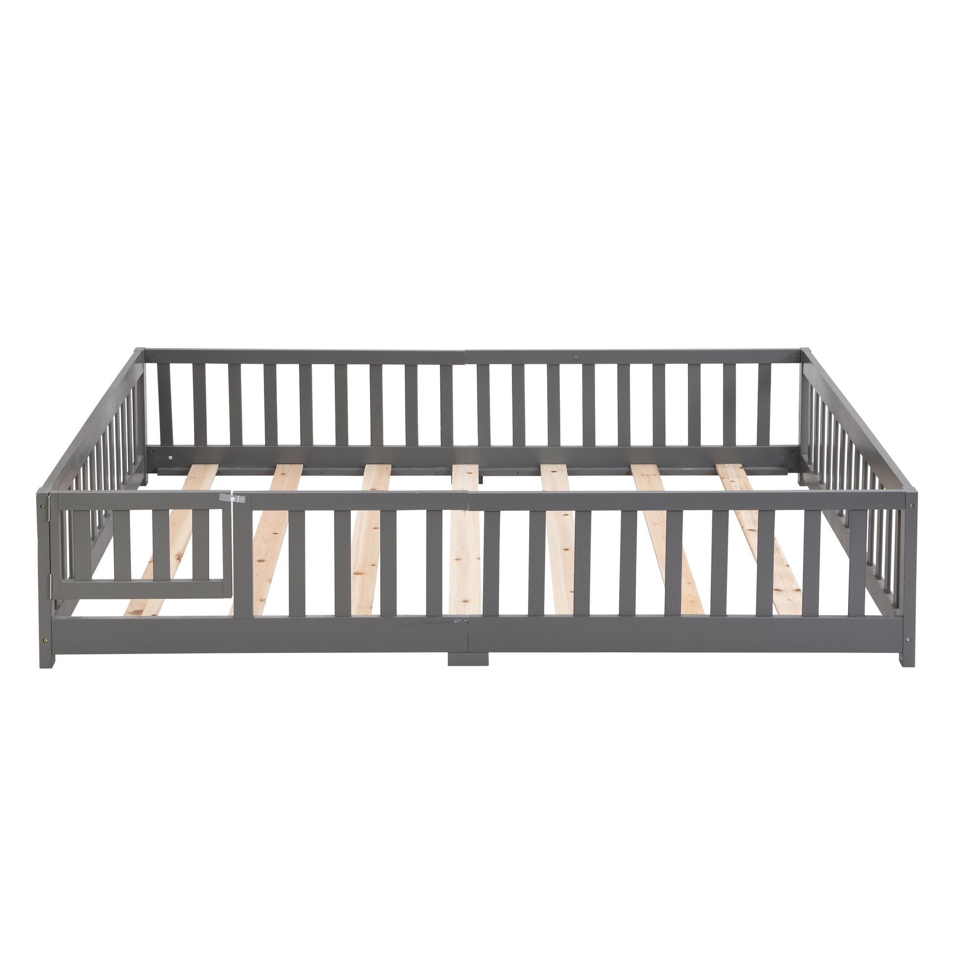 Queen Size Floor Bed With Door,Solid Wood Platform Bed Frame With Fence,Suitable For Children,Pine Wood,Gray Queen Gray Wood