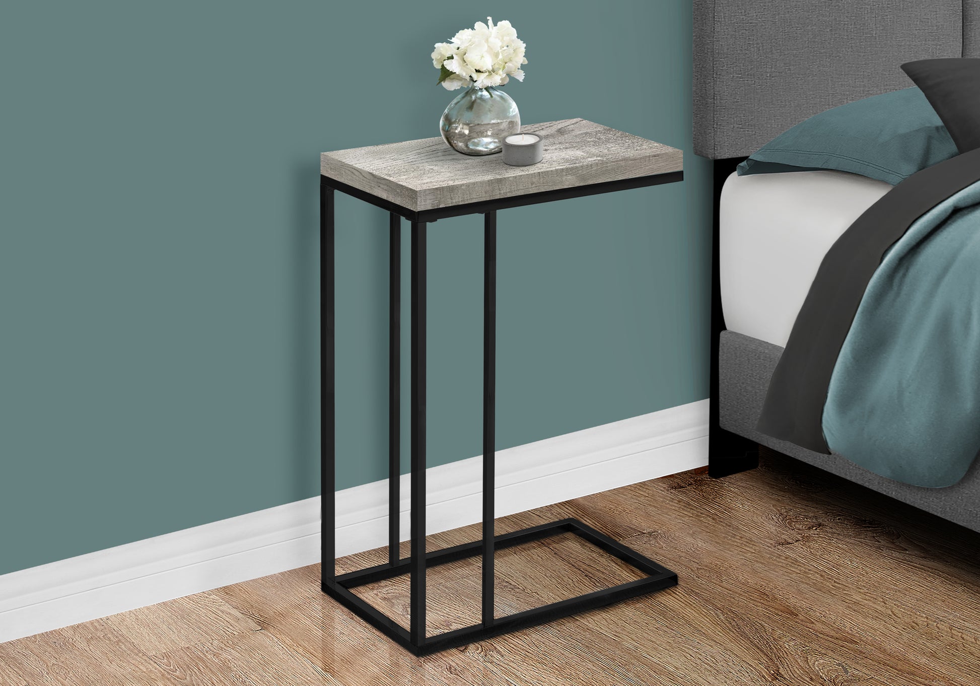 Accent Table, C Shaped, End, Side, Snack, Living Room, Bedroom, Grey Laminate, Black Metal, Contemporary, Modern Grey Particle Board