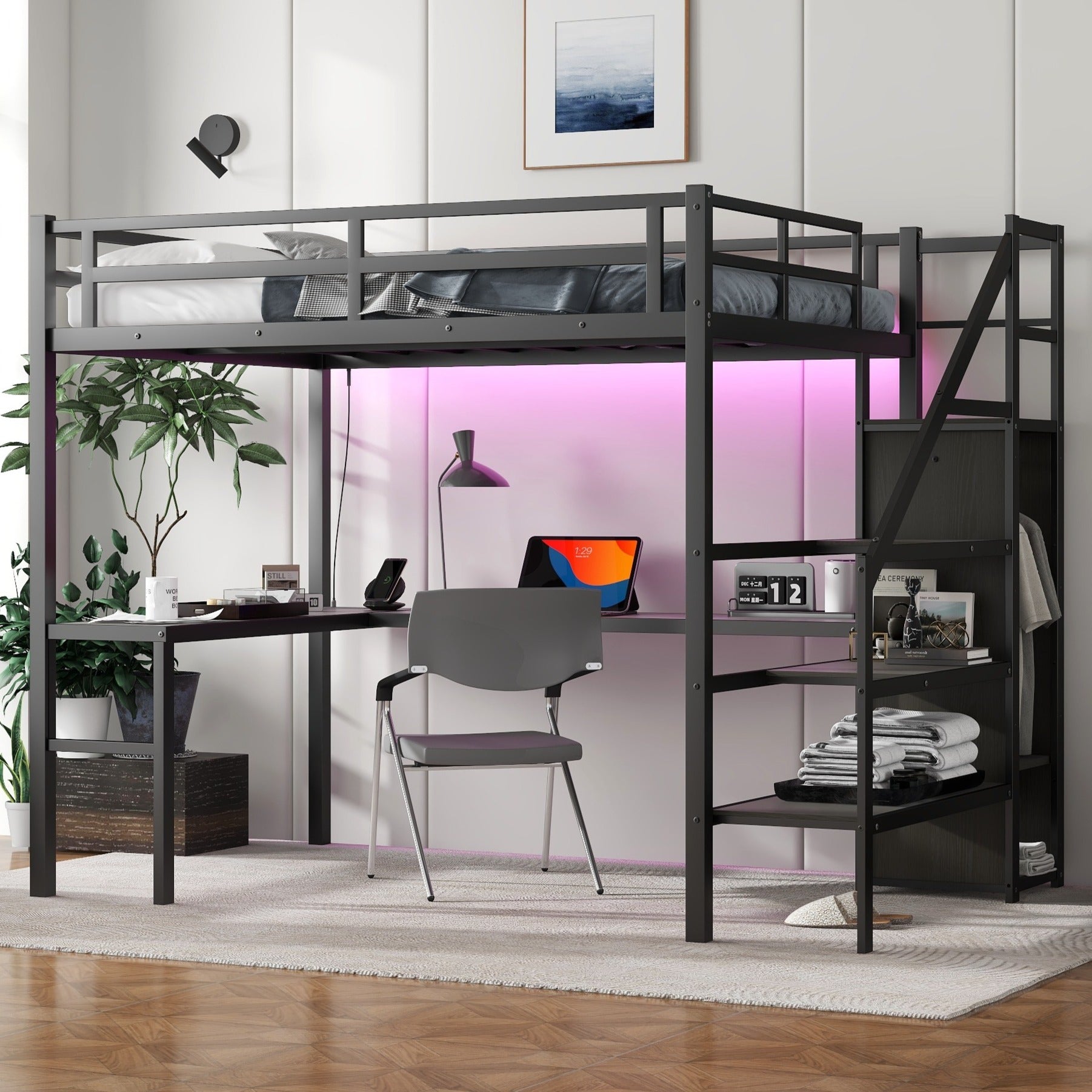 Full Size Loft Bed With L Shaped Desk And Usb, Metal Loft Bed With Wardrobe And Adjustable Shelf, High Loft Bed With Led For Kids Teens Adults, Black Black Metal