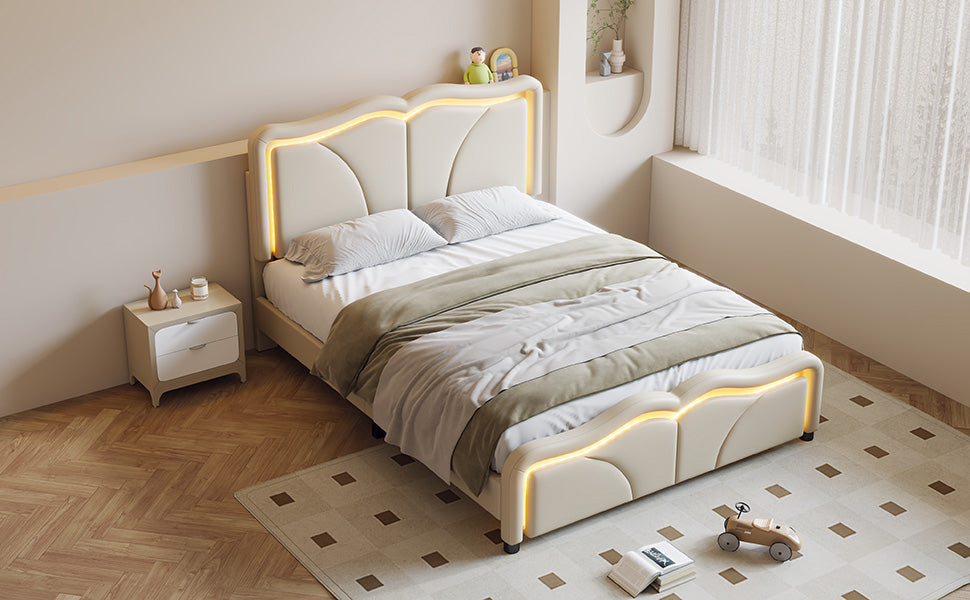 Full Size Upholstered Platform Bed With Curve Shaped And Height Adjustbale Headboard,Led Light Strips,White Full White Upholstered