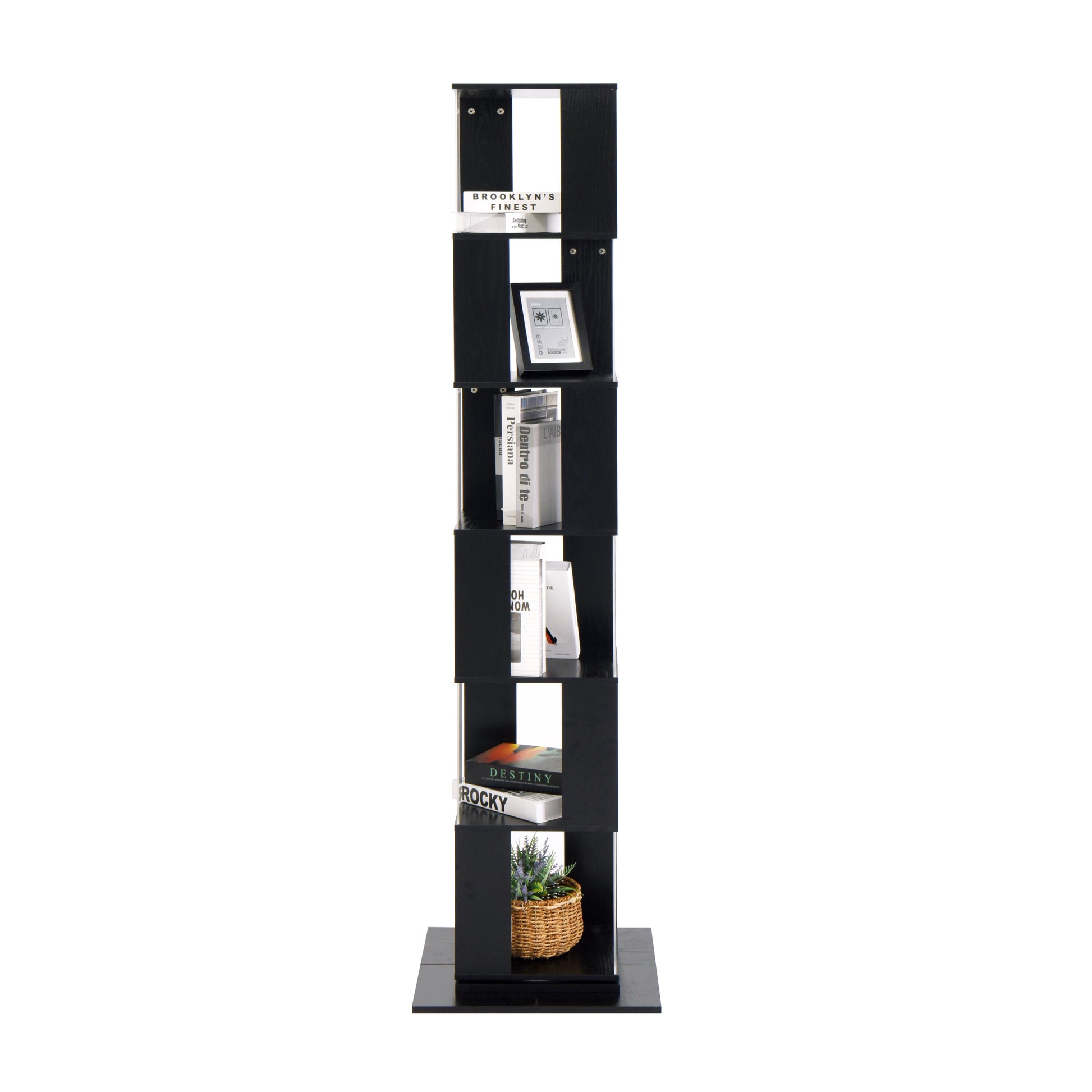 6 Tier Rotating Bookshelf, Floor Rack Simple Bookcase With Acrylic Plate Student Multi Function Creative Bookshelf For Living Room With Anti Toppling Base Black Particle Board