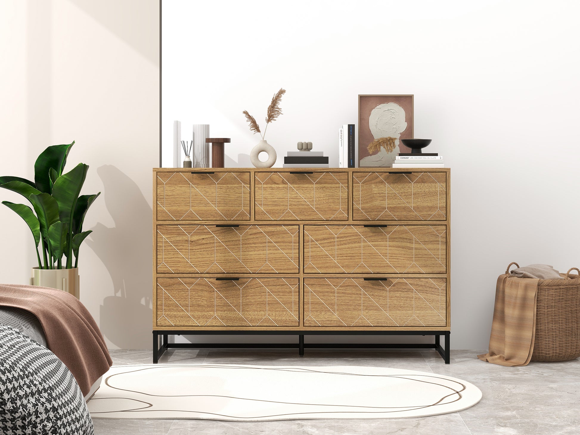 Modern 7 Drawer Dresser Wood Cabinet Walnut Walnut Particle Board