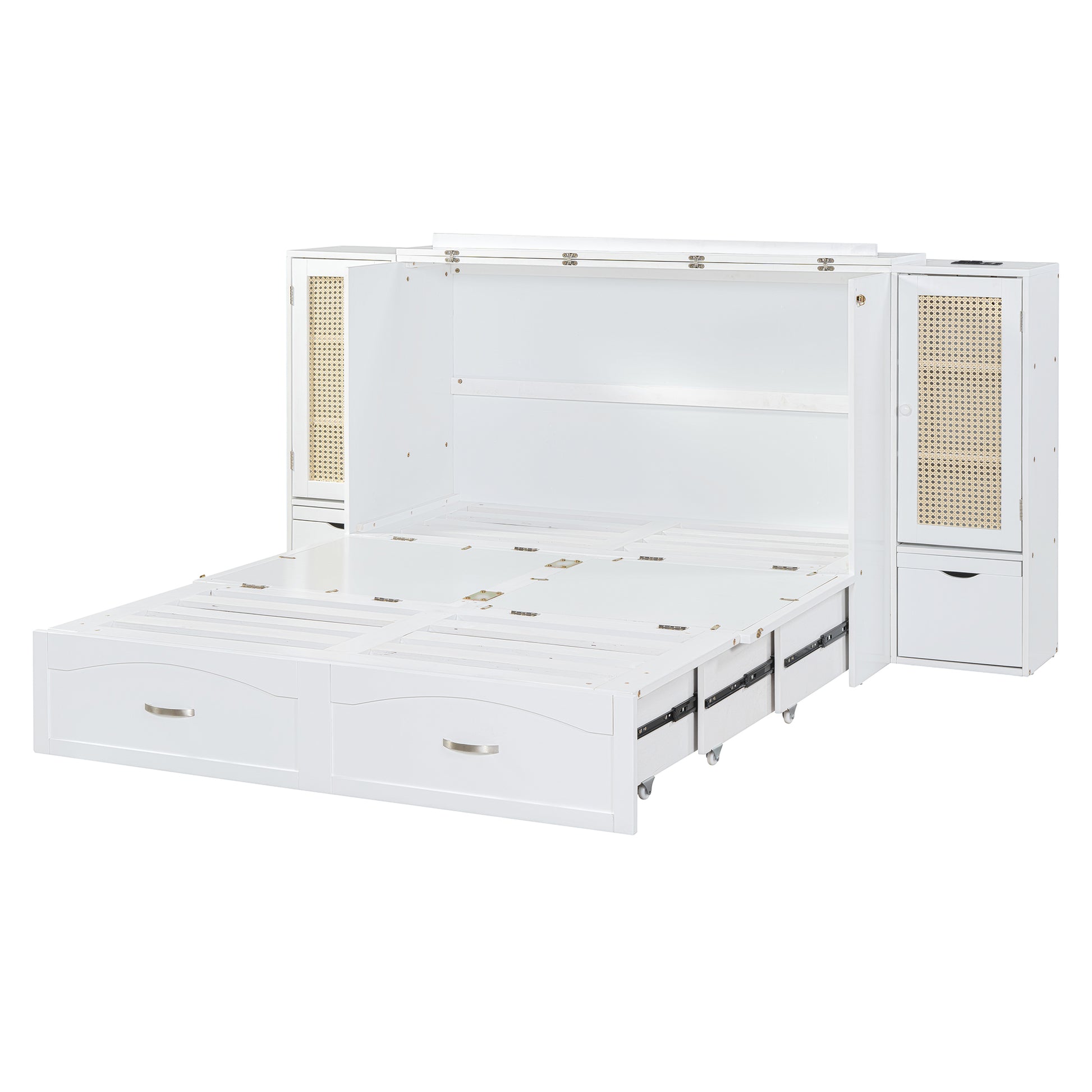 Full Size Murphy Bed Wall Bed With Drawer And Rattan Decoration With 2 Storage Cabinets, One Set Of Sockets & Usb Ports, Pulley Structure Design, White Full White Plywood