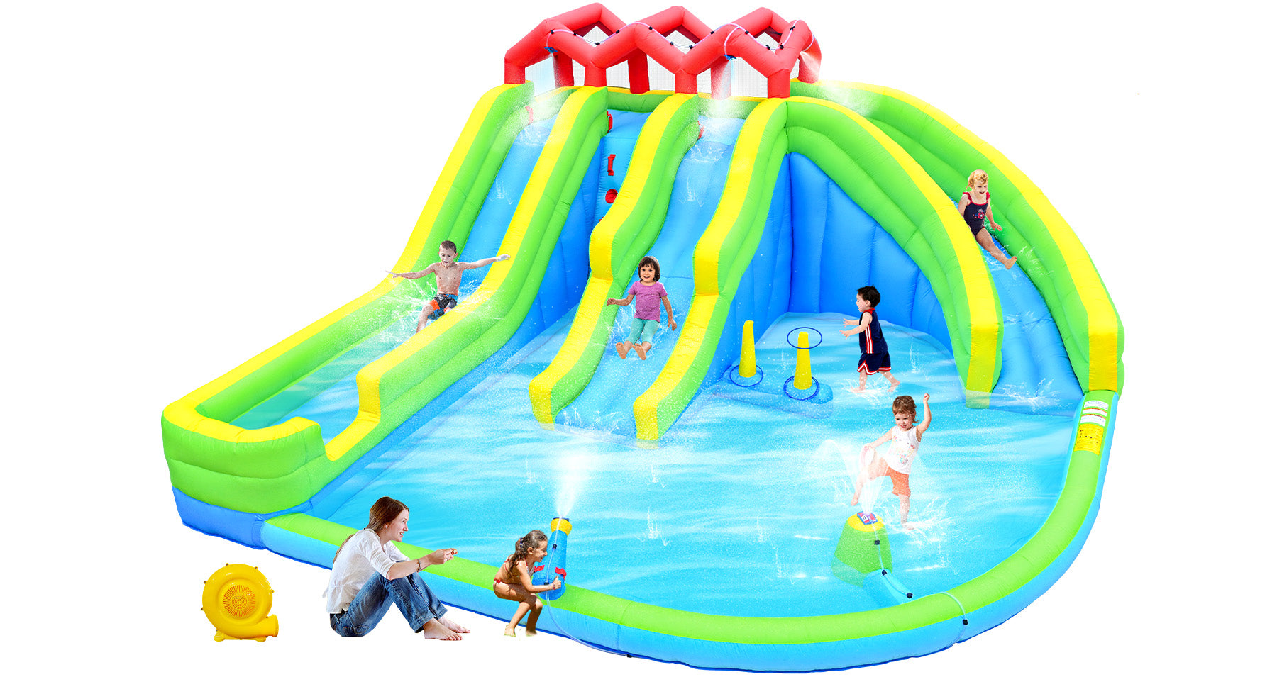 7 In1 Inflatable Water Park Three Slide With Blower Water Sprinkler Fountain Climbing Wall For Children Multicolor Oxford Fabric