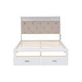 Wood Queen Size Platform Bed With Upholstered Headboard And Led And 2 Drawers, Antique White Box Spring Not Required Queen Antique White Wood Bed Frame Solid Wood Mdf