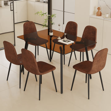 Table And Chair Set.Large Modern Rectangular Table With Brown Glass Top And Silver Metal Legs. Paired With 6 Brown Chairs With Soft Linen Fabric Cushions And Black Metal Legs. Brown,Silver Seats 6 Glass Metal