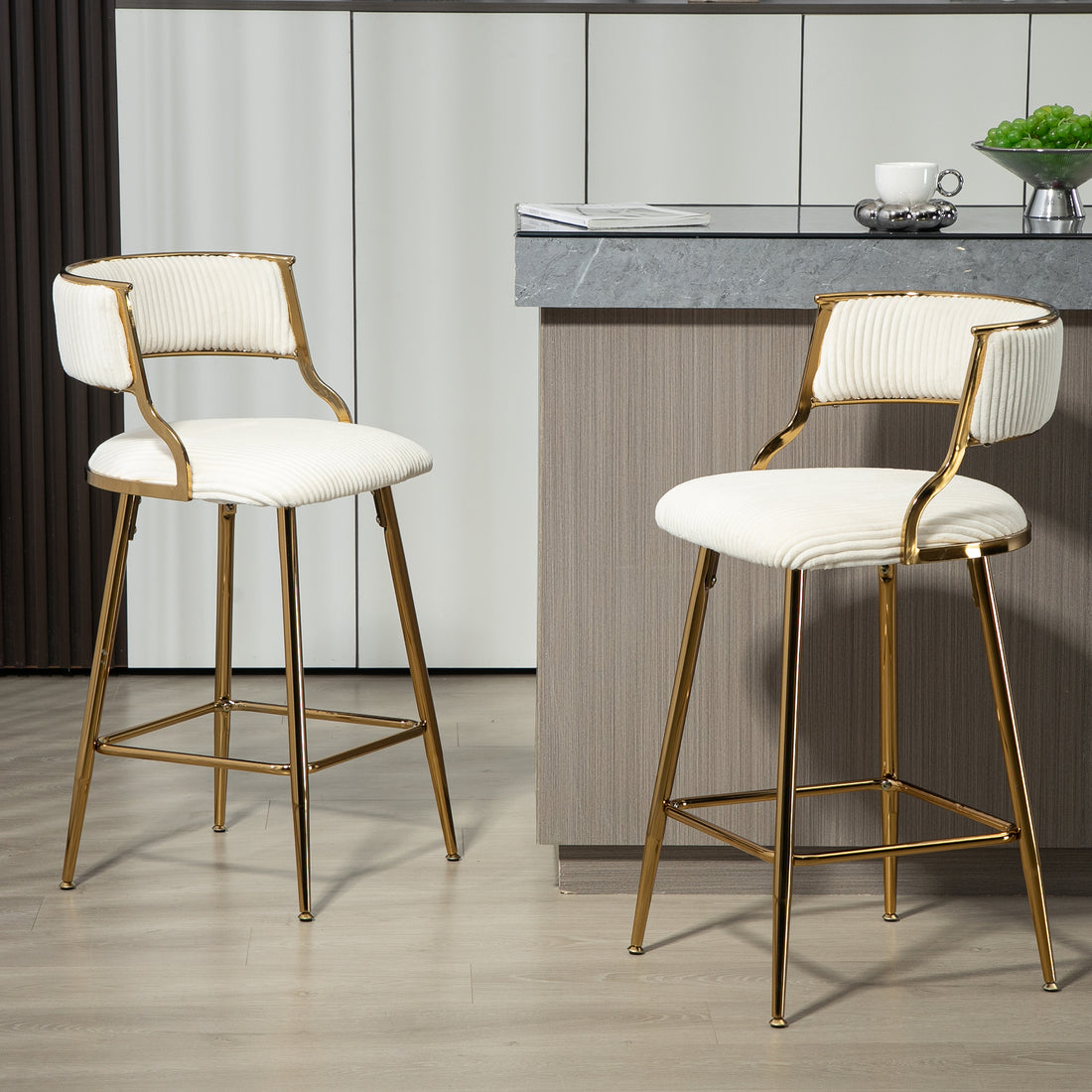 Set Of 2 26'' Counter Height Bar Stools Corduroy Kitchen Island Counter Bar Stool With Back,Golden Chromed Base And Footrest Beige Beige Kitchen Modern Foam Corduroy