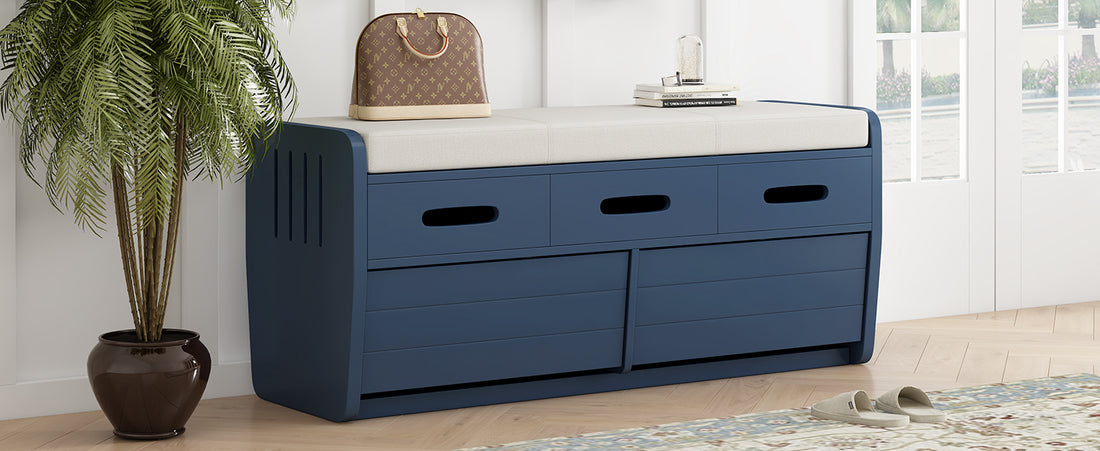 Rustic Storage Bench With 2 Drawers, Hidden Storage Space, And 3 False Drawers At The Top, Shoe Bench For Living Room, Entryway Navy Navy Mdf Acacia