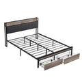 Full Size Metal Platform Bed Frame With Upholstery Storage Function Headboard And Usb Liner And Footboard With Drawers, No Box Spring Needed, Large Under Bed Storage, Easy Assemble Full Black Grey Mdf Metal