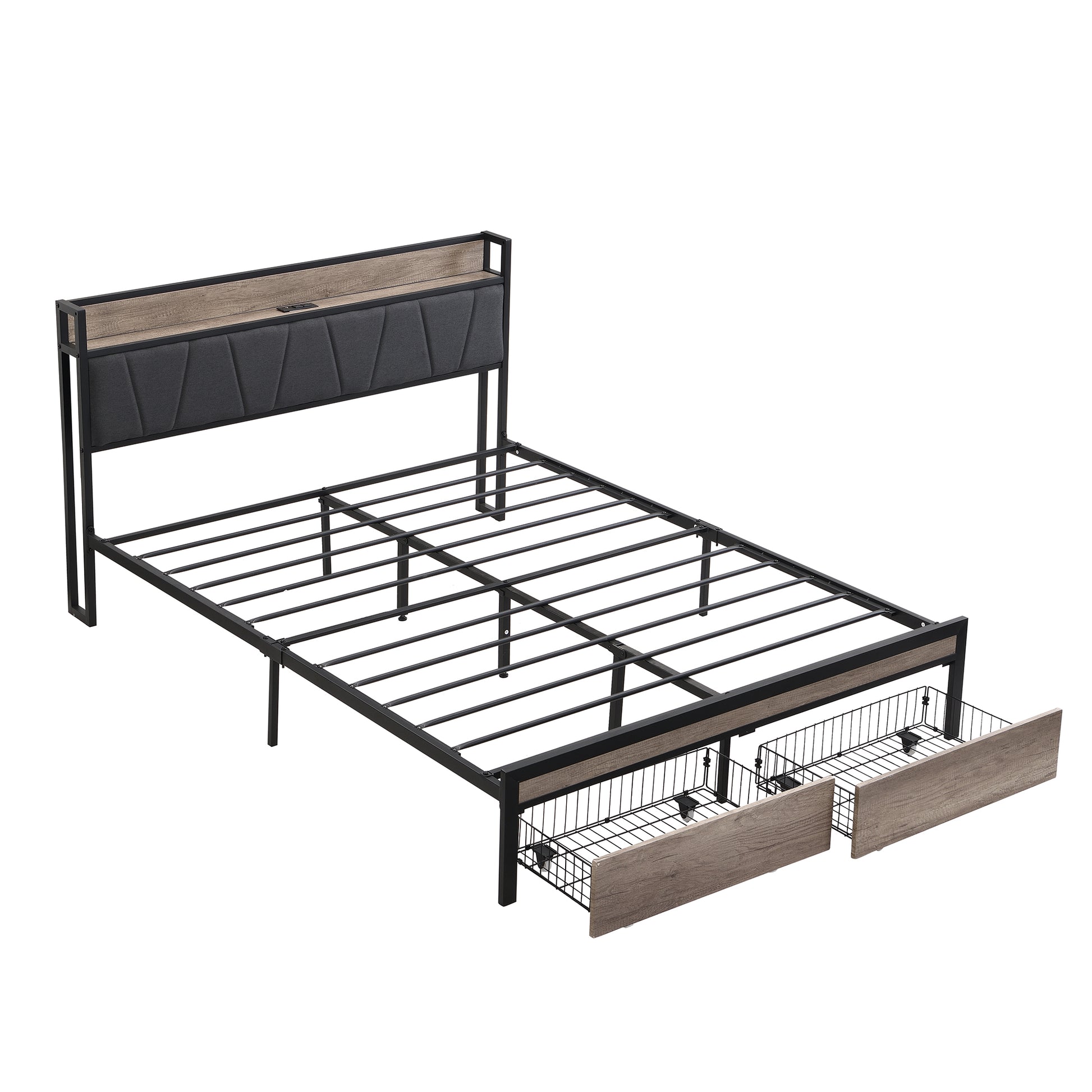 Full Size Metal Platform Bed Frame With Upholstery Storage Function Headboard And Usb Liner And Footboard With Drawers, No Box Spring Needed, Large Under Bed Storage, Easy Assemble Full Black Grey Mdf Metal