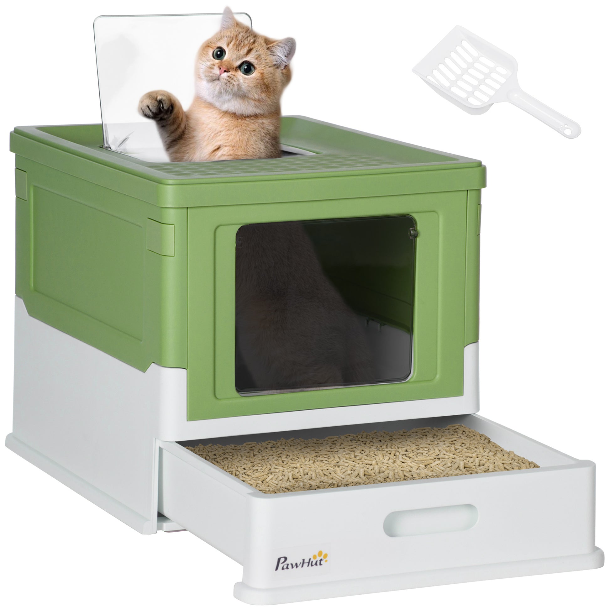 Pawhut Fully Enclosed Cat Litter Box With Scoop, Hooded Cat Litter House With Drawer Type Tray, Foldable Smell Proof Cat Potty With Front Entry, Top Exit, Large Space, Yellowish Green Green Plastic