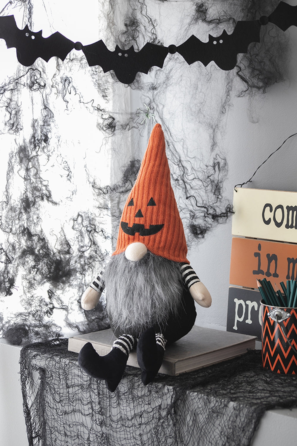 8.3X4.7X23.5" Fabric Sitting Gnome With Orange Knit Hat, For Halloween Decor Black,Orange,White Polyester