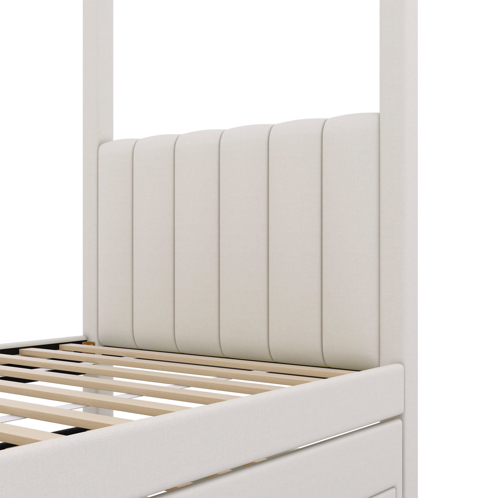 Twin Size Upholstery Canopy Platform Bed With Trundle And Three Storage Drawers, Beige Twin Beige Upholstered